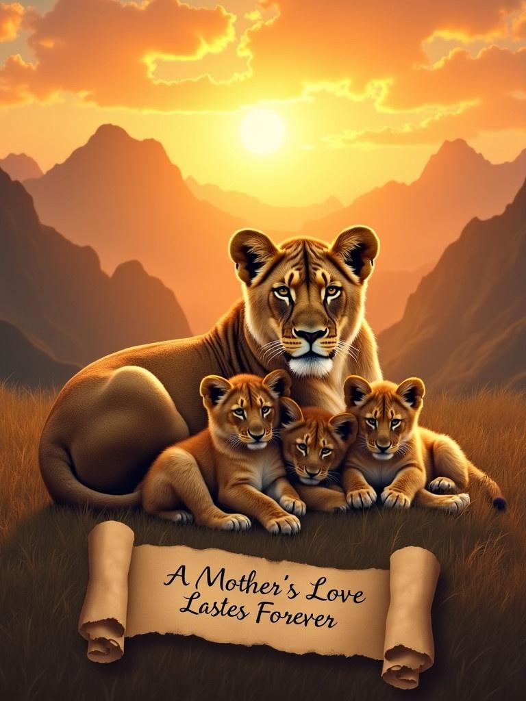 A lioness rests with her five cubs in a sunset scene. They show a tender family bond. Majestic mountains are in the background. The setting sun casts a warm glow. A scroll in the foreground has the phrase A MOTHER'S LOVE LASTS FOREVER. A serene natural setting with a touching sentiment creates a powerful image of love and unity.