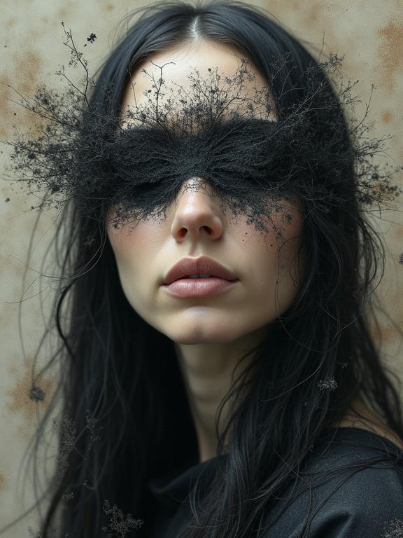 Surreal image of a woman with blindfolded eyes made of ash. She embodies beauty and mystery. Hair is long and dark. The blindfold appears organic with abstract elements. The setting is soft and muted.