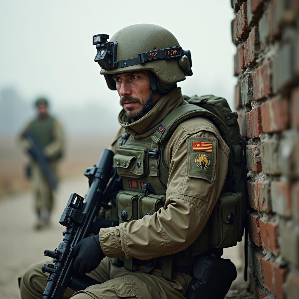 The image features a soldier in tactical gear, sitting against a brick wall in a foggy outdoor setting. He has a serious expression, clearly focused on his surroundings. The soldier is fully equipped, wearing a helmet with an attached light and a rifle across his lap. In the background, another soldier is visible, also in tactical attire, indicating a military operation in progress. The overall atmosphere is tense, emphasizing the seriousness of their mission.