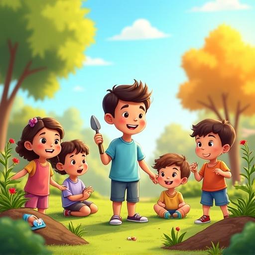 A children’s storybook illustration without text. Group of cheerful young children in a peaceful garden. Zaid, 6-8 years old boy with light blue shirt, holds small trowel, smiling and teaching. Other children are interested and joyful. They sit or kneel on grass. Surrounded by saplings, flowers, colorful trees. Bright, hopeful, warm atmosphere. Clear space near heads for Arabic text. Human faces are blank, featureless to follow modesty standards.