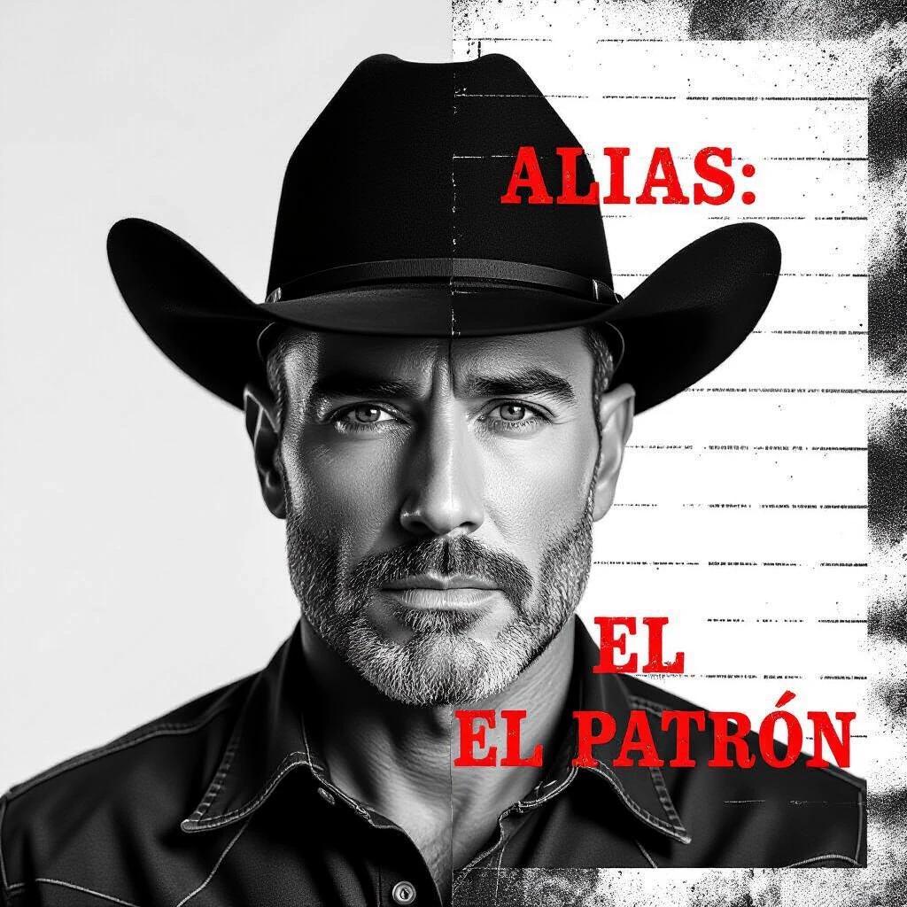 Striking portrait of a man in a black cowboy hat. Image split down the middle. Left side is full-color photograph. Right side is black and white texture. Text overlay that reads 'ALIAS: EL PATRÓN'. Aesthetic combines clean and raw elements.