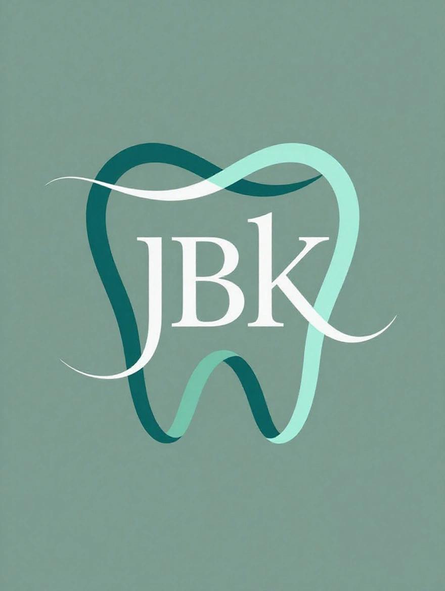 Create a modern abstract logo for a dental clinic named JBK. Use interconnected shapes that suggest a healthy tooth. Include shades of teal and a white arc for a smile. The design should be minimalist, professional, and suitable for a high-end dental practice. Include the text 'JBK' in Open Sans font.