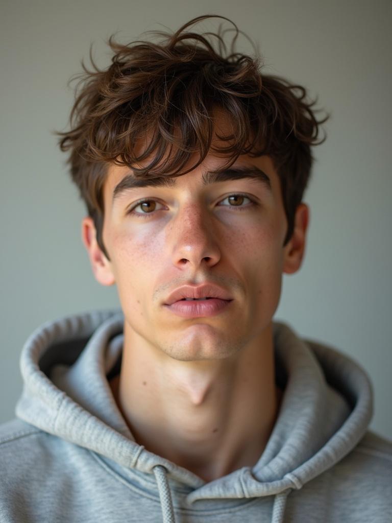 Young man with light skin and short messy brown hair. Neutral expression looking at the camera. Soft warm light illuminating his face. Light gray hoodie slightly loose over shoulders. Background is plain light gray wall out of focus. Elevated perspective from eye line. Impressionistic style softening light and shadows. Realistic features with serene calm.