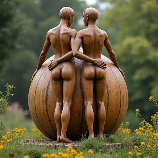 Spherical humans wood sculpture in a mythical garden. Woman and Man intertwine touching each other. Figures shaped like a sphere. Nature surrounds the art piece.