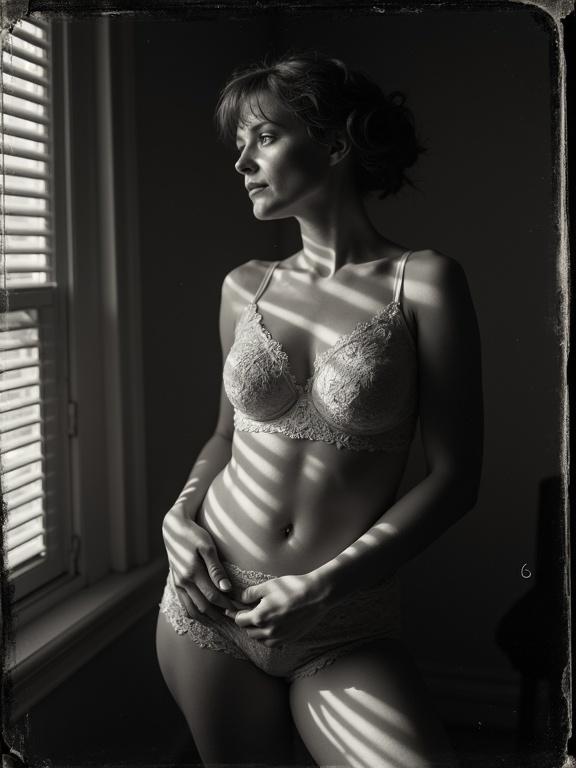 Tintype photograph of a pensive woman in a lace bra and matching briefs. She is gripping her bra with her right hand, left hand on thigh. Room with horizontal blinds casting stripes of light and shadow across her. Focus on lace texture and contours of her body. Contrast between illuminated areas and shadowed sections. Overall emphasis on light and shadow interplay.