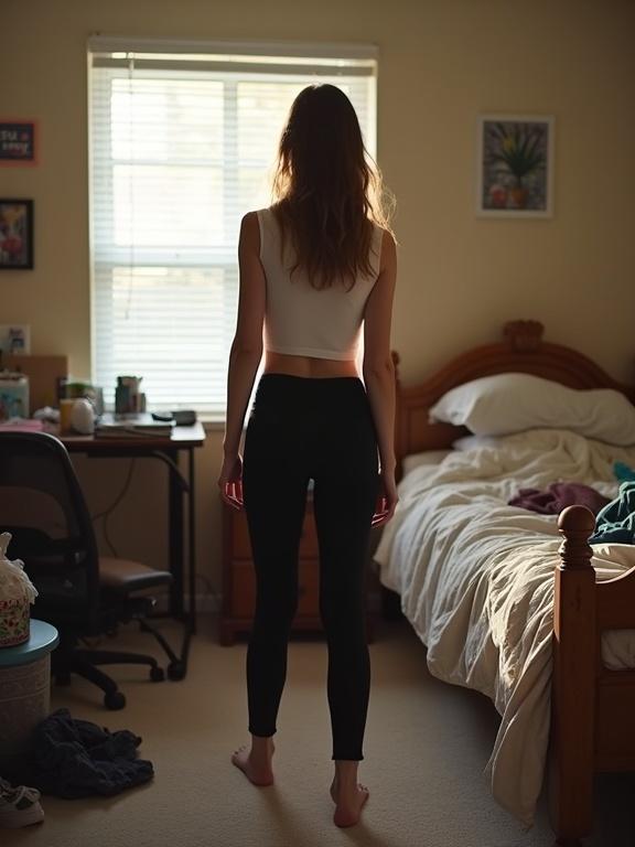A casual scene of a girl in a messy bedroom. She wears black leggings and a white crop top. The room features an unmade bed, clothes on the floor, and a cluttered desk. Sunlight streams through window blinds creating a casual, unpolished vibe. The photography has a slight grain and captures real-life imperfections.