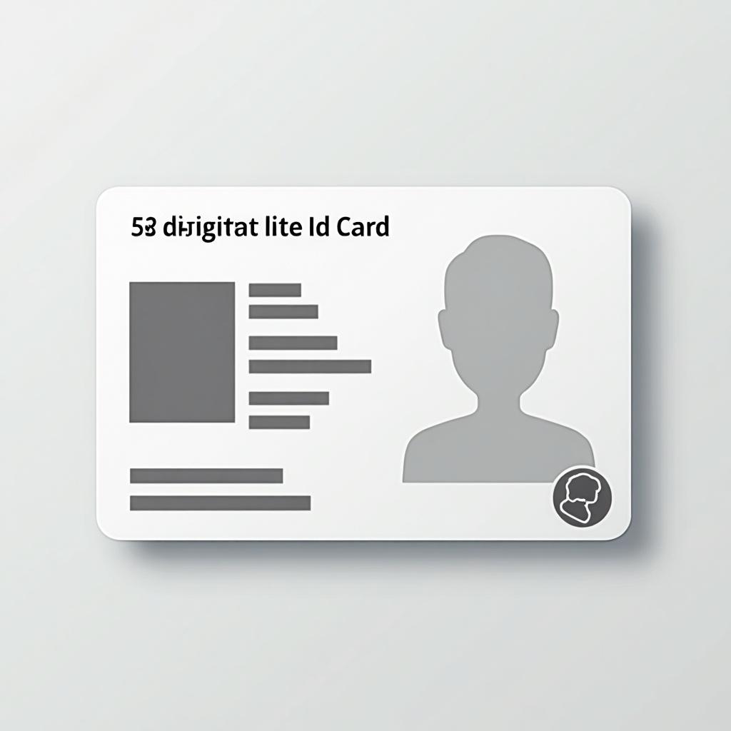 The image features a minimalistic design of a state ID card. The card is predominantly gray and white, showcasing a simple, modern aesthetic. There is a placeholder silhouette of a person's head on the left side of the card. Various lines and text boxes suggest the presence of personal information, symbolizing a digital format. The design is uncluttered to convey professionalism and clarity.