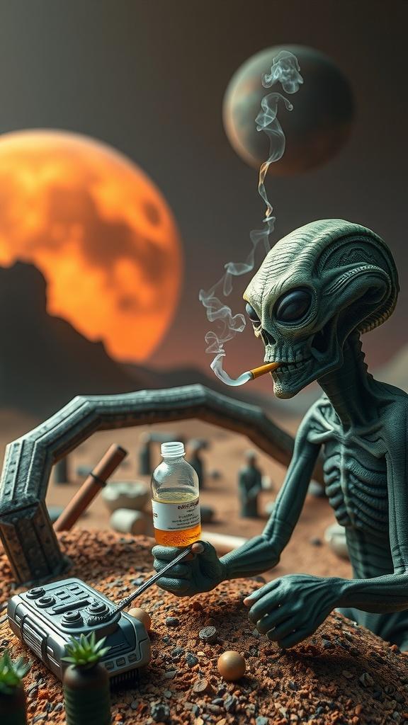 In an extraterrestrial landscape with two glowing planets in the sky, an alien figure is depicted casually smoking while interacting with human objects like a bottle and radio. The sandy surface is adorned with tiny plants and mechanical structures, giving a sense of an alien yet familiar world. The scene combines science fiction with everyday elements, creating a surreal and contemplative atmosphere.