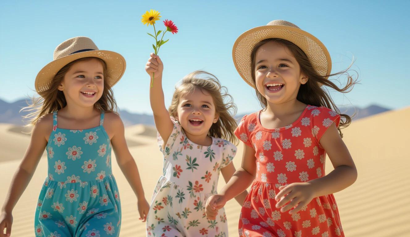 Children running in the sand with open smiles. One child lifts a flower from the ground. The background features a desert and clear sky. The scene is captured in vertical orientation.