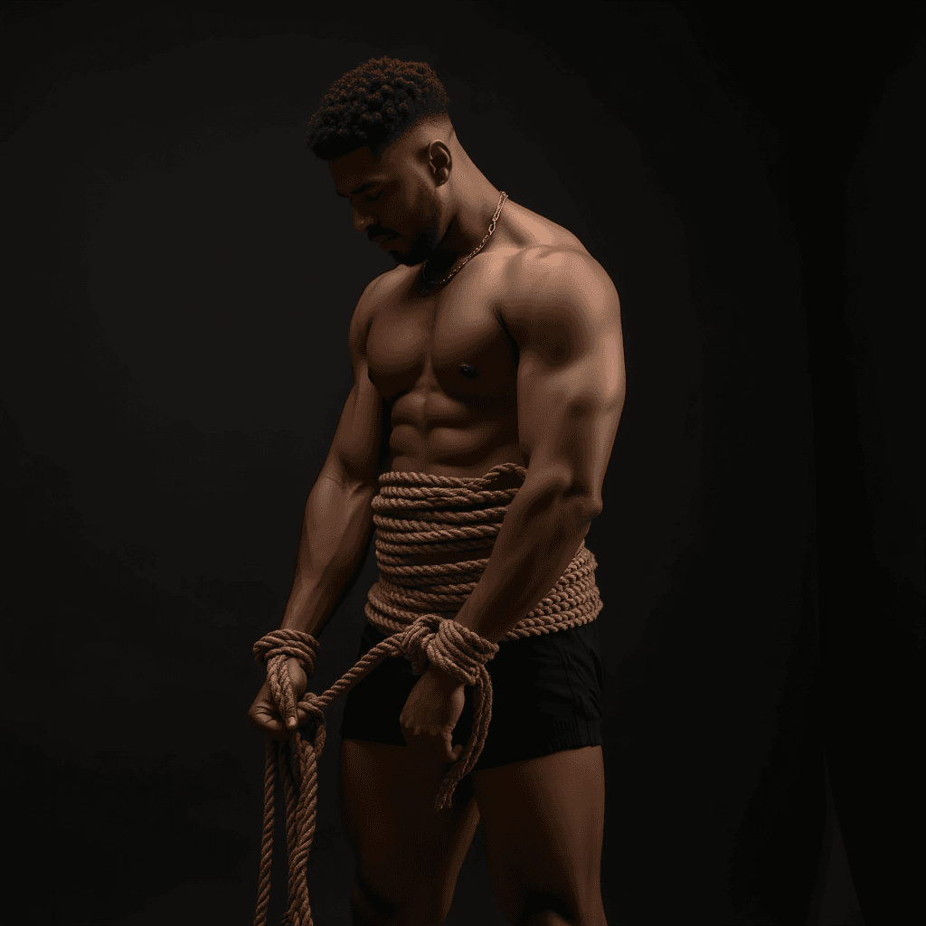 A muscular man is wrapped in thick rope, standing confidently in a dimly lit setting.