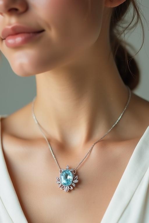 High-resolution image of female model wearing aquamarine pendant necklace. Pendant has delicate silver metalwork cradling soft blue gemstone. Jewelry is main focus, face is softly blurred. Background is clean and minimal with light beige or soft grey. Soft lighting emphasizes intricate craftsmanship.