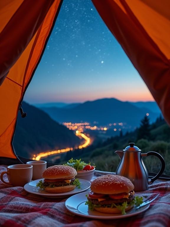 Cozy camping scene inside a tent with burgers, mugs, and a teapot. Starry sky with city lights in the distance. Evening ambiance with a warm and inviting picnic setup.
