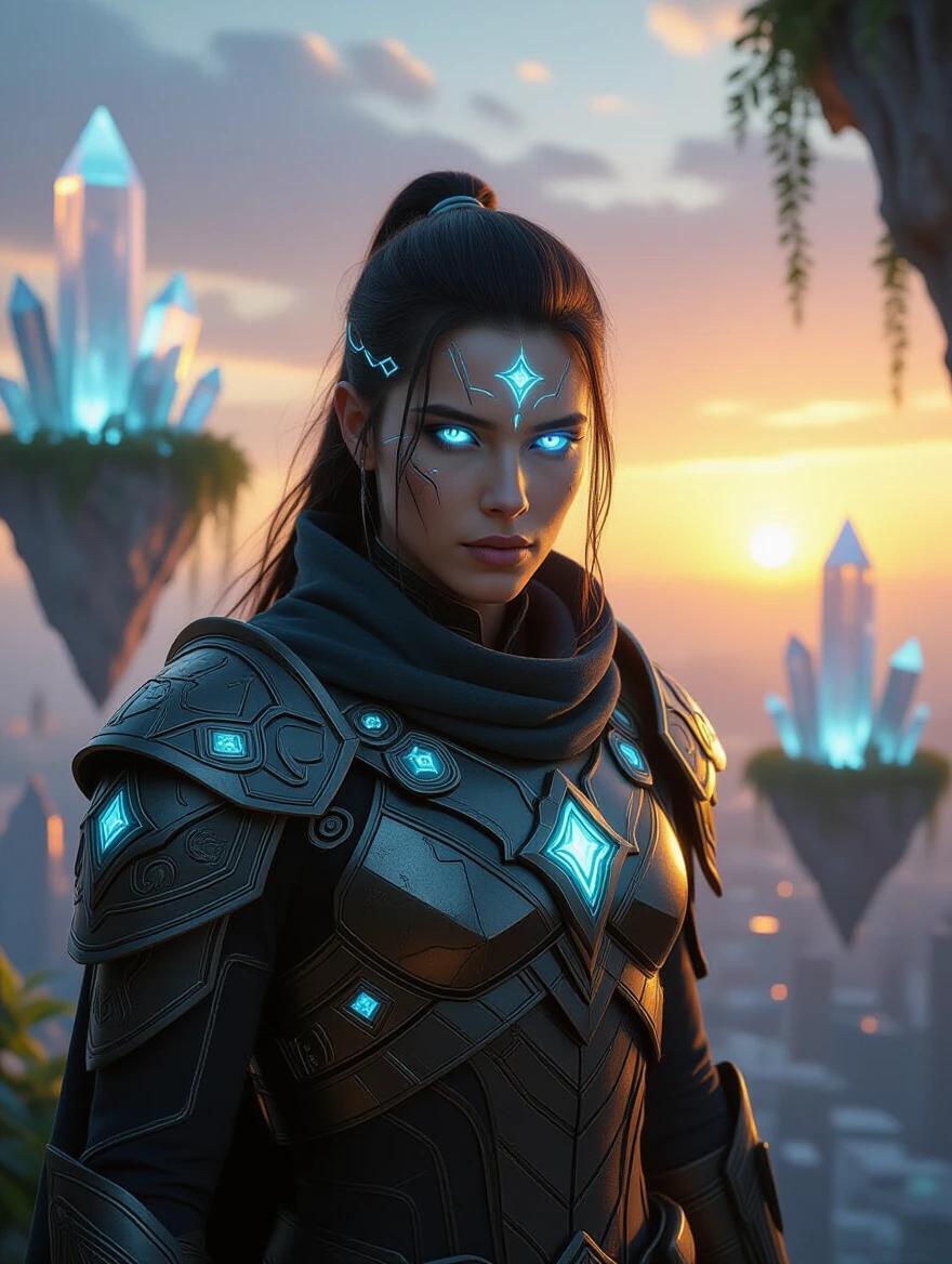 A human with glowing blue eyes stands in a floating city made of crystal and vines. The character wears futuristic armor infused with ancient runes. Soft sunset light illuminates the background, creating cinematic lighting. The image is ultra detailed.