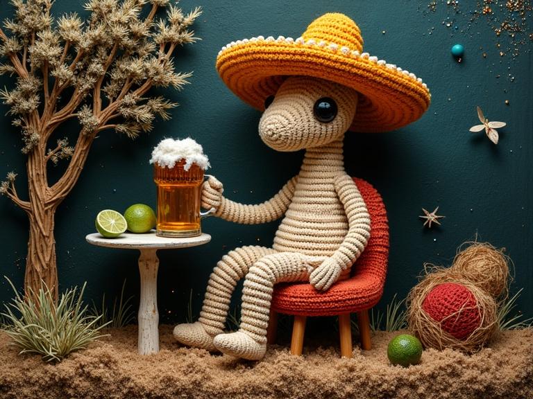 A whimsical anthropomorphic mushroom character made of crochet. It has a sombrero-shaped cap with puff balls. It sits on a crocheted chair beside a table with crochet limes and a beer. Surroundings include crocheted trees, grass, and decorative elements. The overall composition plays with texture.