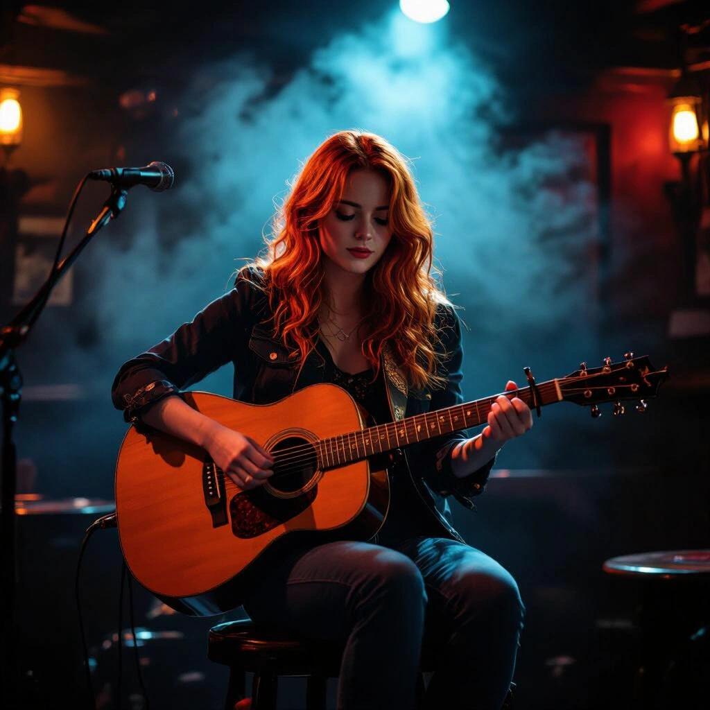 Photo of a red-haired girl playing guitar on a stage in a dark smoky Irish pub. She is seen from a distance and is centered in the light.