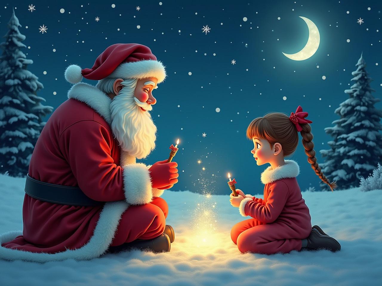 Santa and a girl sitting in snow at night writing Merry Christmas in the sky with candles.