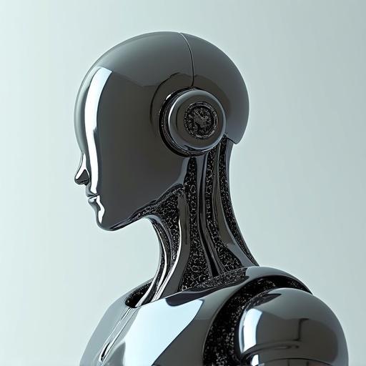 A sleek chrome robot depicted in a side profile. The robot features a shiny metallic surface and a human-like appearance with defined facial features and a smooth structure.