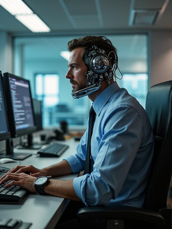 A man in business casual clothes works in a modern office with advanced technology. He wears a high-tech headset and types on a computer. The setting resembles a corporate environment focused on automation.