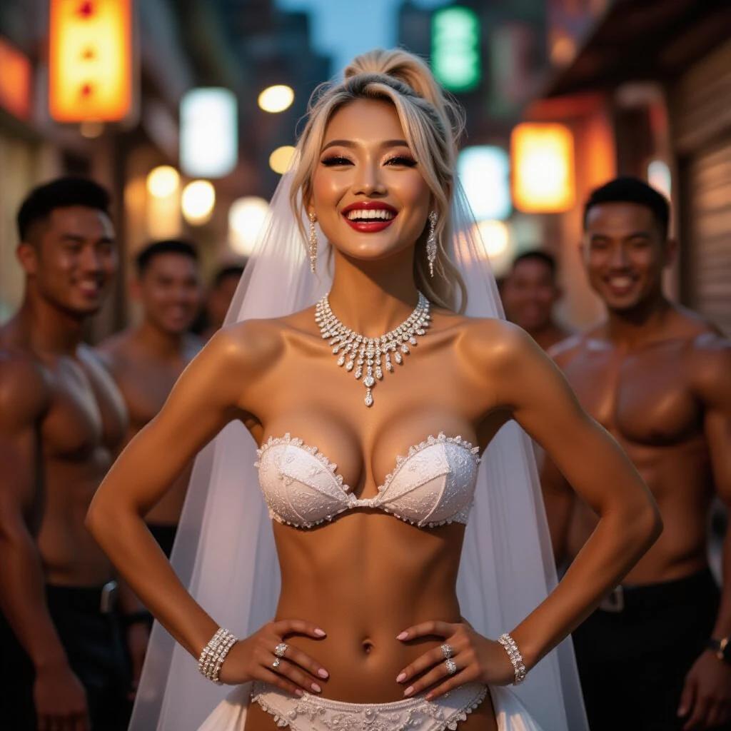 Asian model wearing a wedding bikini. Model has a short veil and a high blonde ponytail. The setting is a warm lighted narrow cyberpunk street. Model poses confidently with hands on waist. A group of muscular friends stands behind her. The model has bright makeup and lots of crystal jewelry. She appears playful and engaging.
