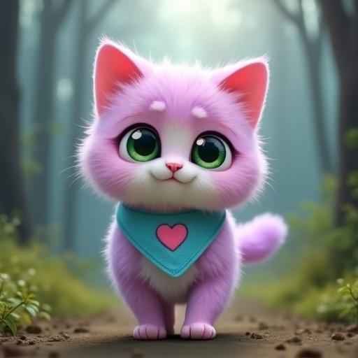A fluffy anthropomorphic kitten has pastel pink and lavender fur with a creamy white belly. It has large green eyes, an oversized head, and tiny paws. The kitten wears a light blue bandana with a pink heart. It is walking away into a forest bathed in soft morning light. The storm has passed, and the horizon shows signs of a new day.