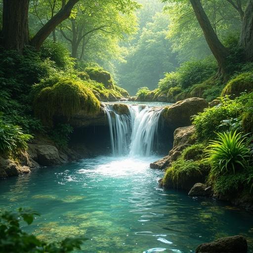 Natural spring bubbles in a serene forest. Crystal-clear water flows from a rocky pool. Surrounded by lush green moss and ferns. Sunlight filters through dense foliage. Dappled light and shadows on water. Tiny ripples and bubbles create a peaceful atmosphere. Rich greens and earthy browns dominate the scene.