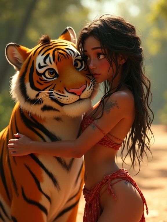 Illustration of a young woman in a tattered loincloth standing on a dirt road. She hugs a large friendly tiger, petting his head. The tiger heals her bleeding shoulder with his tongue. Warm cinematic lighting enhances the friendship theme. Long messy flowing hair frames her face. Her skin appears shiny and tanned.