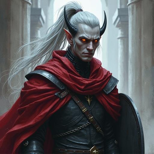 Tall male tiefling with ash-gray skin and glowing amber eyes. Long silver hair in a high ponytail. Sleek black curved horns. Two thin scars on sharp cheekbones. Wearing chainmail and an ash-red cloak. Holding a black longsword and shield. Cinematic lighting with strong shadows. Matte skin texture and expressive details. Painterly rendering with stylized grit.