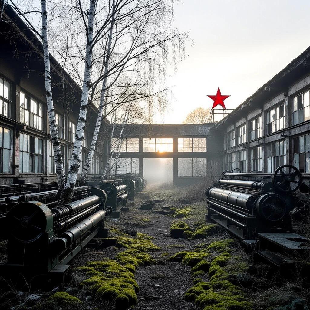 Abandoned textile factory in Latvia. 1989. Soviet architecture. Birch trees growing through looms. Moss covering machinery. Misty sunrise with soft light. One red star on the roof.