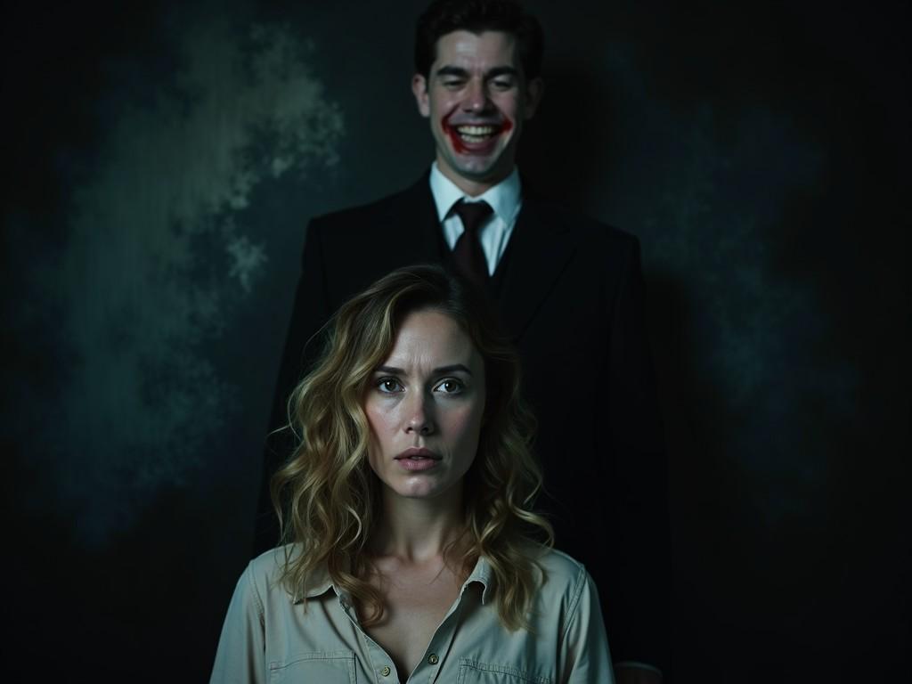 The image portrays a tense psychological atmosphere between two main characters. A woman with curly hair and a worried expression stands facing the camera, displaying an emotion of fear or concern. Behind her, a man in a black suit stands with a sinister smile, reminiscent of a classic horror or psychological thriller villain. The lighting is dark and moody, accentuating the suspenseful mood of the scene. The color palette is primarily dark, creating an ominous feel. This photograph captures an intense interaction between the two characters, evoking a sense of dread and intrigue.