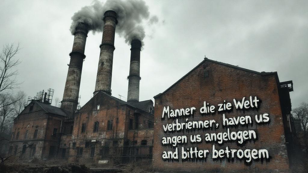 An abandoned factory with a large brick wall shows tall, rusty chimneys rising into a cloudy sky. Thick, dark smoke emerges from the chimneys. The atmosphere appears gloomy. A message is spray-painted on the wall in rough, rebellious lettering. The text, slightly weathered, conveys a political message against betrayal. The scene captures a desolate, industrial mood.