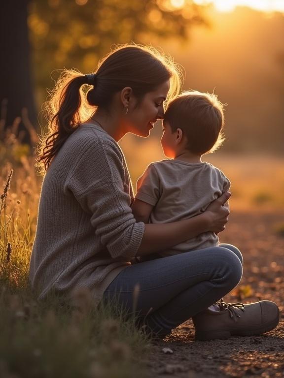 A mother reunites with her son whom she placed for adoption. They share a tender moment during sunset. The scene captures warmth and emotional depth. A peaceful natural setting enhances the intimacy of their connection.