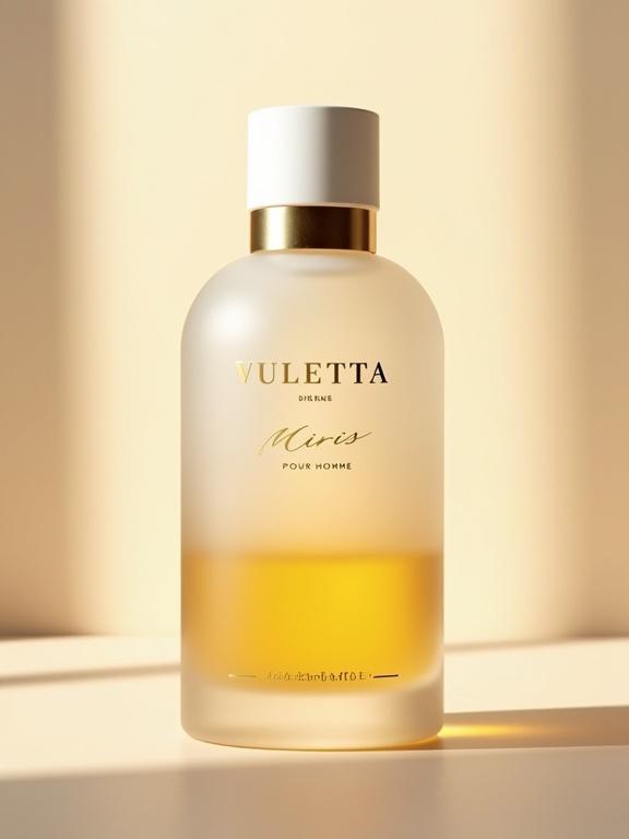 Create a minimalist photo-realistic image of a VULETTA MIRIS perfume bottle. Use a frosted gradient glass bottle with a matte white cap and gold band. The bottle shape is masculine. Engrave 'VULETTA' in bold font and 'MIRIS' in large flowing script. Below it write smaller 'POUR HOMME' and 'PARFUM' in gold foil. The liquid inside should glow softly. Background is textured beige with diffused lighting.