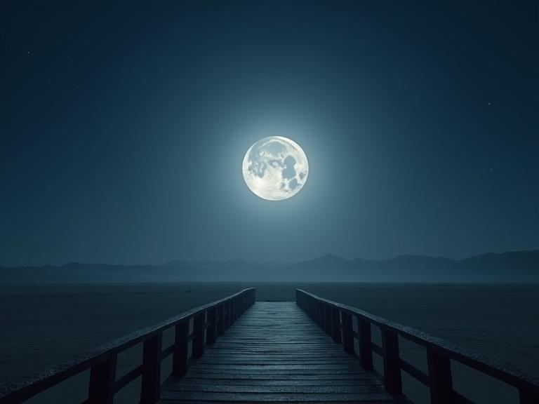Moonscape from a desert pier at night with a large moon. Emphasizes light and shadow with volumetric fog for atmosphere.