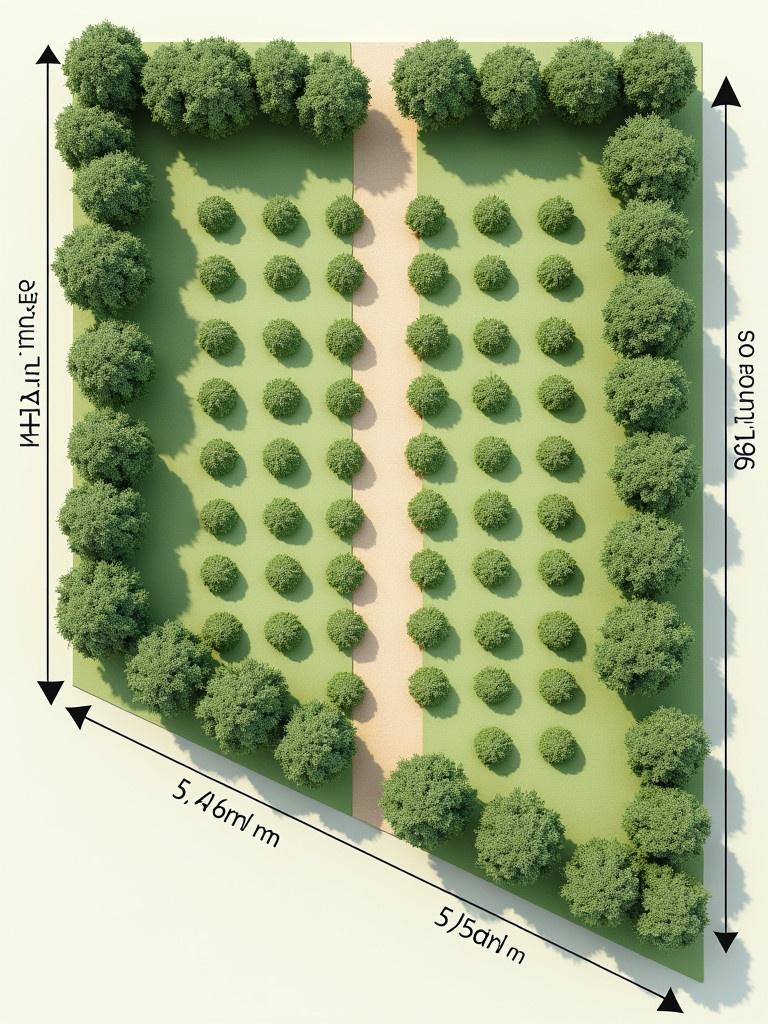 Plan showing 3.5 hectares of land. Trees are evenly spaced at 4 meters apart in rows. Rows spaced by 7 meters. A 4-meter gap from edge to first tree. High and uniform tree density. Total length is 370 meters, width is 96 meters.