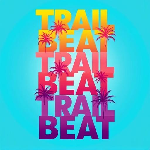 The design displays the word 'TRAILBEAT' repeated five times stacked vertically on a blue background. Each stack features a unique gradient from yellow to orange, coral, pink, and purple. Silhouettes of palm trees blend into the text creating a summer vacation feel with bold typography and sunset-inspired colors.