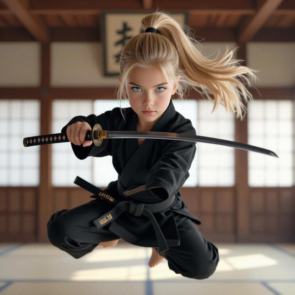 Ultra realistic depiction of a confident young teen girl with blonde hair in a ponytail. She floats in a dojo while wielding a katana pointed at the viewer. The setting reflects a traditional martial arts atmosphere.