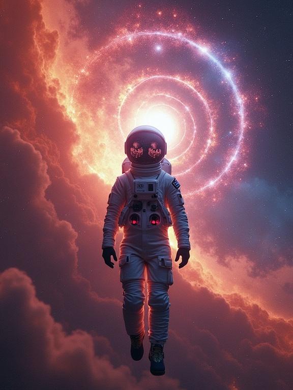 An astronaut floats in front of a solar plasma curtain. Curtain acts as a cosmic mirror. Reflections reveal parallel universes. The helmet displays multiple versions of himself. A bridge of ultraviolet light connects two galaxies behind him.