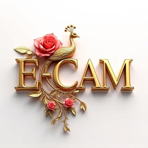 3D render of E-Cam logo featuring rose motif and gold peacock. Logo text in gold with elegant inlays. Pristine white background enhances modern and classical elements.