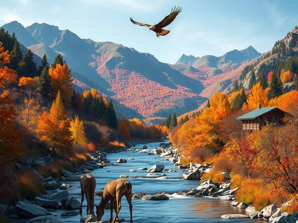 In this picturesque autumn landscape, vibrant hues of orange, yellow, and red foliage adorn the riverbanks. The calm river reflects the colorful trees, while two deer drink peacefully at the water's edge. Above, an eagle soars gracefully against a backdrop of majestic mountains, enhancing the scene's tranquility and natural beauty. A secluded cabin nestles quietly among the trees, suggesting harmony with nature.