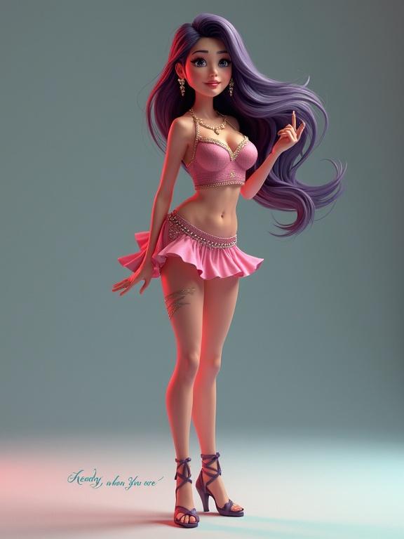 3D character of a dancer in a short dress. Character has purple hair. Accessories include jewelry and high heels. Appears playful and fun with a soft background.