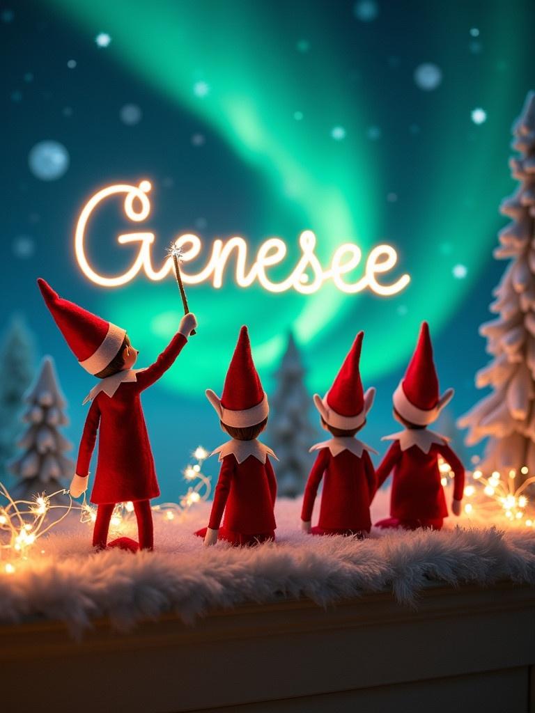 An enchanting Christmas scene features four elves on the shelf. They face the sky with their backs to the viewer. The first elf in red and white wields a magic wand. It writes 'Genesee' in glowing script above. The backdrop is adorned with vibrant northern lights. Soft twinkling lights surround the scene. The position and action of the elves create a sense of wonder.