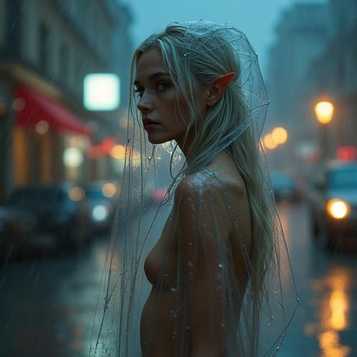 A fantasy-themed digital artwork featuring an elf with silver blonde hair. The elf stands in a rainy night scene in a city illuminated by gas lamps. Raincoat covers the elf partially. Emphasis on intricate details. Low perspective view capturing water droplets on the raincoat.
