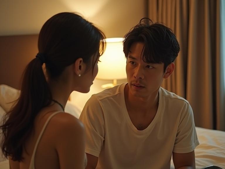 Hyper realistic scene set in a Japanese apartment bedroom showcasing a surprised man. A beautiful woman sits across from him, indicating intimacy. Captures the moment of her bold morning-after request and his shocked reaction.