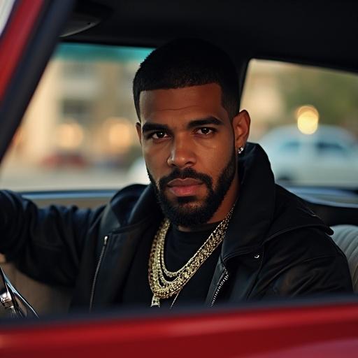 A man with a beard and stylish attire sits in a red car. He wears chains and looks confidently at the camera. The setting has an urban vibe.