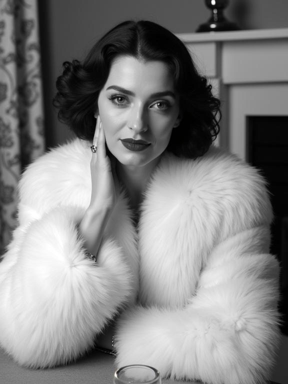 Black and white portrait of a woman with dark wavy hair. She wears a fluffy white fur coat. Left hand on her neck; right hand on the table. Ring on the right ring finger; bracelet on the right wrist. Her expression is calm with slightly parted lips. Blurred fireplace on the right; patterned curtain on the left. Glass and candlestick on the table. Makeup is subtle with dark lipstick. Soft lighting highlights fur texture and facial features. Focus on elegance and sophistication.