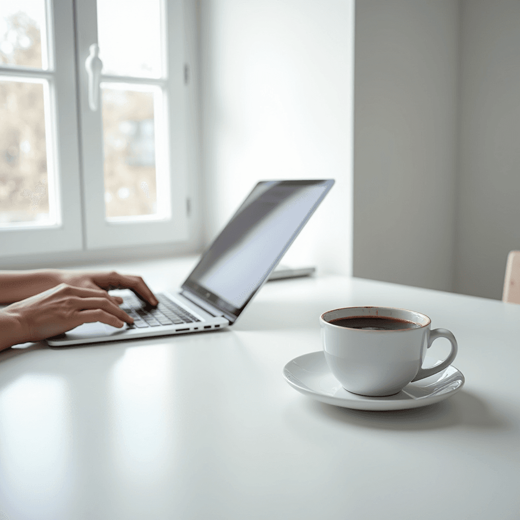 A serene white desk with a steaming cup of coffee beside an open laptop, with hands typing and a bright window in the background.