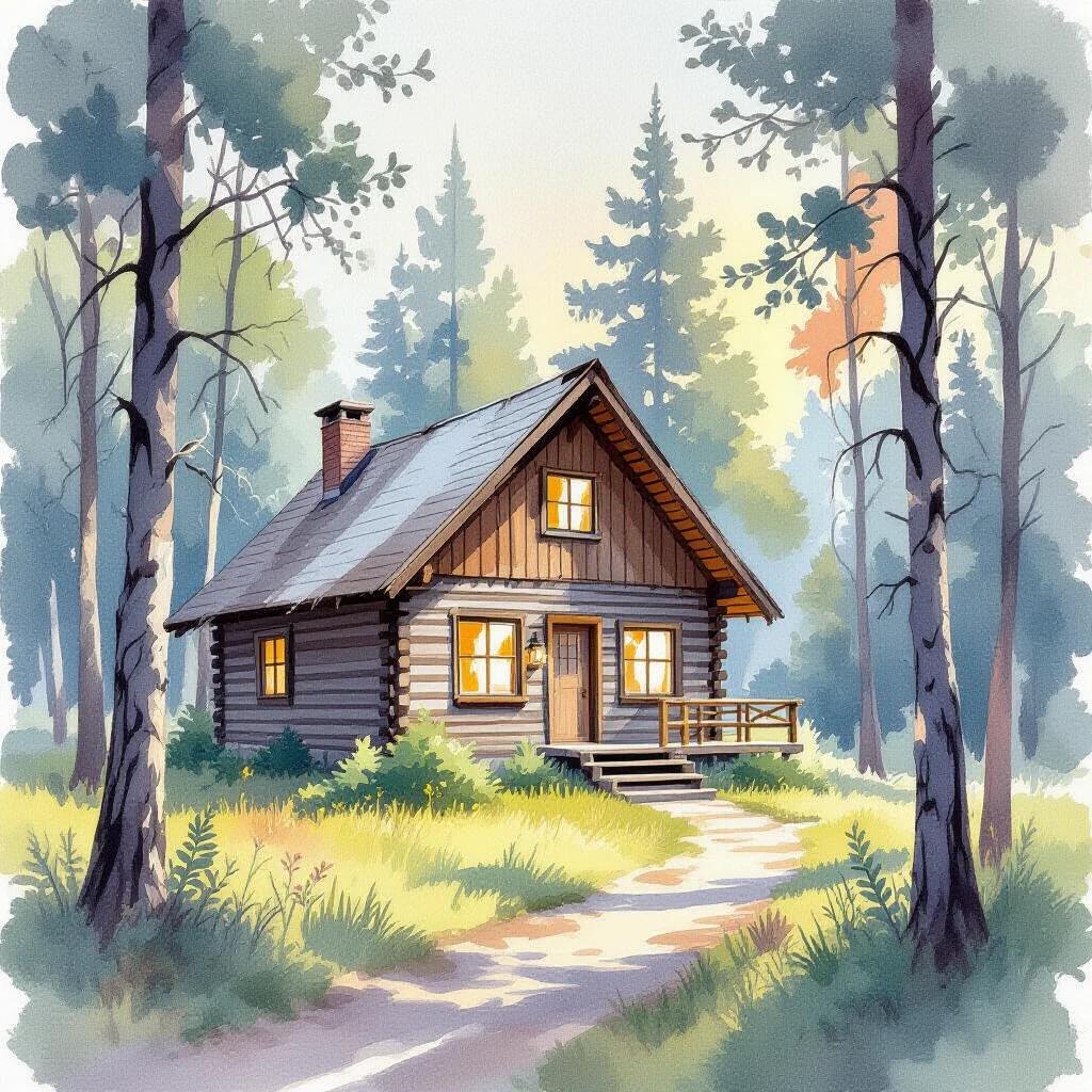 Watercolor painting depicting a forest cabin surrounded by trees. Features muted colors and loose brushstrokes. Cabin has warm light from windows.