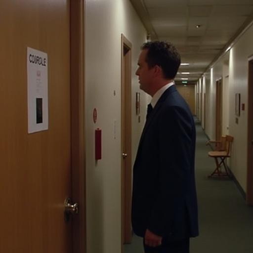 A man stands near a closed door in a hallway. A sign on the door indicates a room. The scene suggests an emergency situation. The atmosphere is tense. The hallway is well-lit.