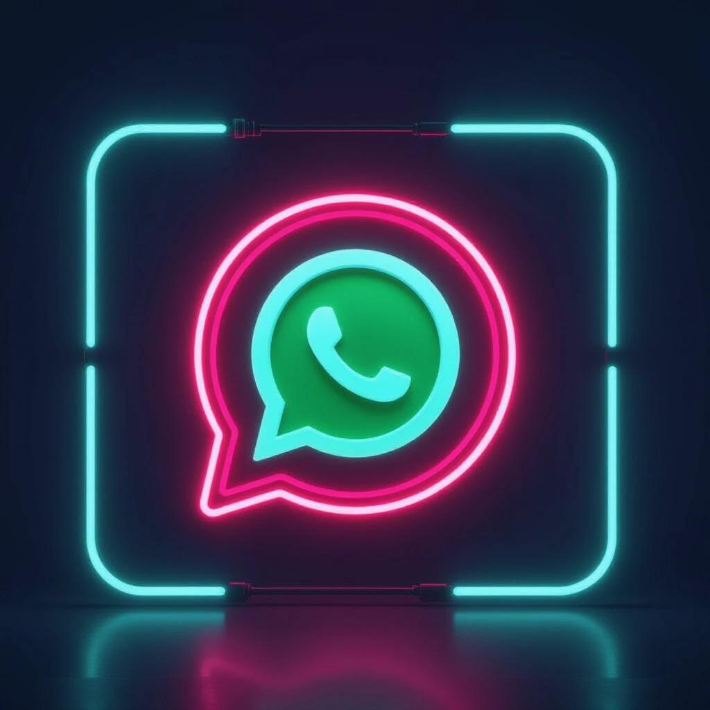 Create a large WhatsApp logo entirely in neon red. The logo should be set against a dark background and surrounded by neon lights. Incorporate elements inspired by Valorant. The design should not include green and should maintain a vibrant neon aesthetic.