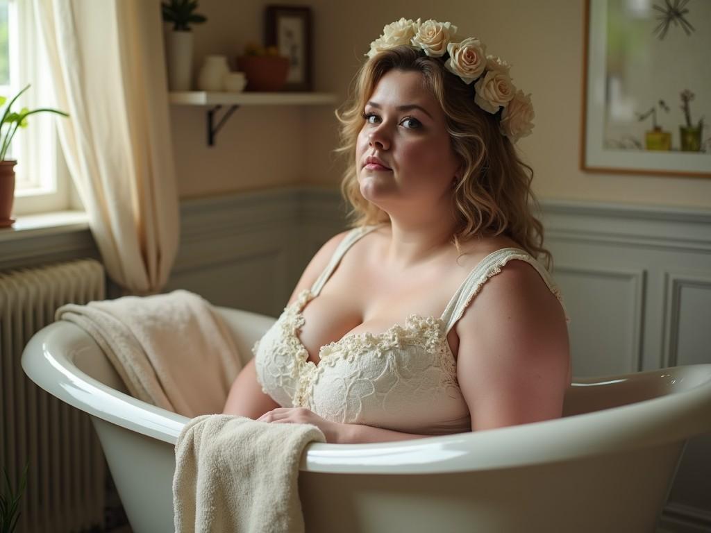 The image captures a young woman in an ornate lace top, sitting gracefully in a classic white clawfoot bathtub. She wears a crown of soft roses in her hair, adding a touch of elegance and natural beauty. The room is warmly lit through a nearby window, and the decor includes indoor plants and framed art, enhancing the peaceful atmosphere.